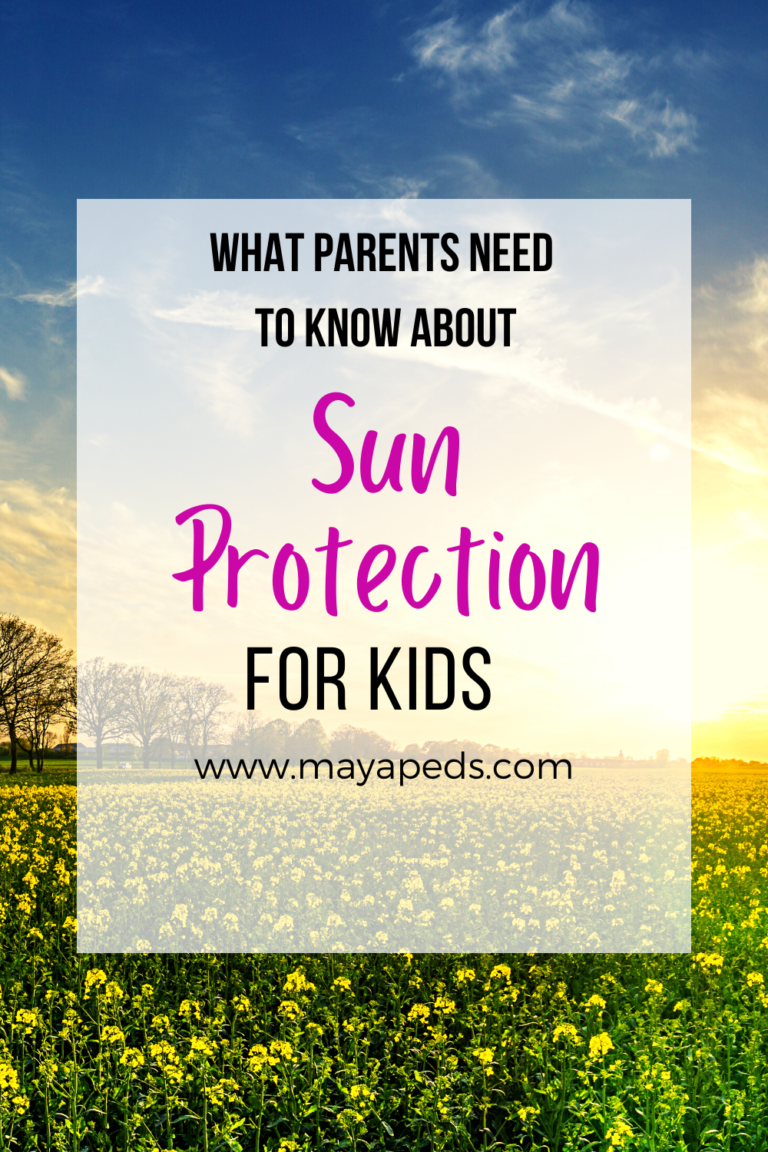 Text: "What parents need to know about sun protection for kids www.mayapeds.com" over image of sunlit field