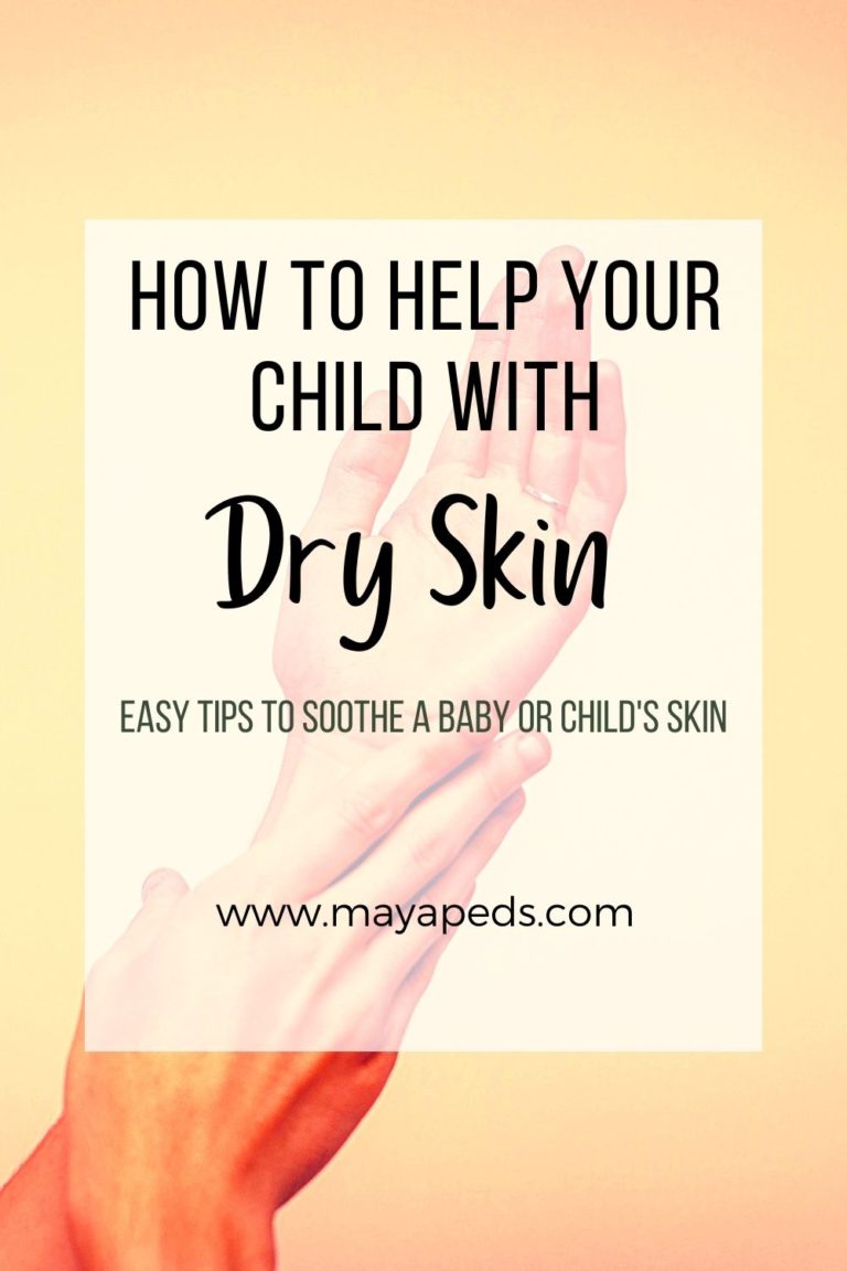Text: How to Help Your Child with Dry Skin: Easy Tips to sooth a baby or child's skin. Overlying an image of two hands