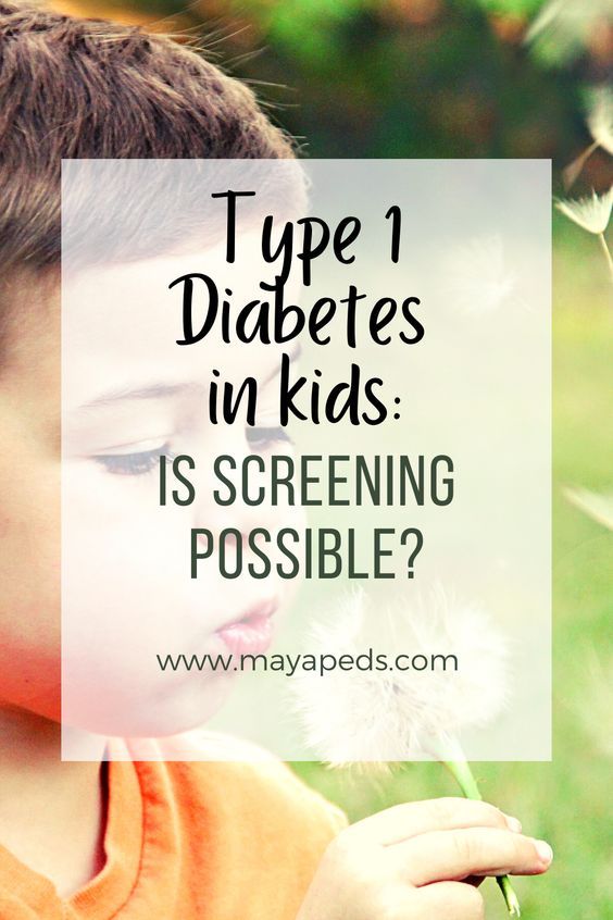 Text: Type 1 Diabetes in Kids: Is Screening Possible? Underneath is written www.mayapeds.com. The text overlies an image of a young child blowing on a dandelion.