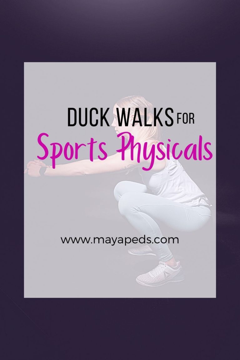 "Duck Walks for Sports Physicals" text overlying an image of a woman in athletic gear in deep squat position, as if she is performing a duck walk