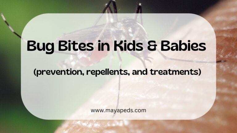 bug bites in kids & babies (prevention, repellents, and treatments) www.mayapeds.com text over image of insect biting human skin