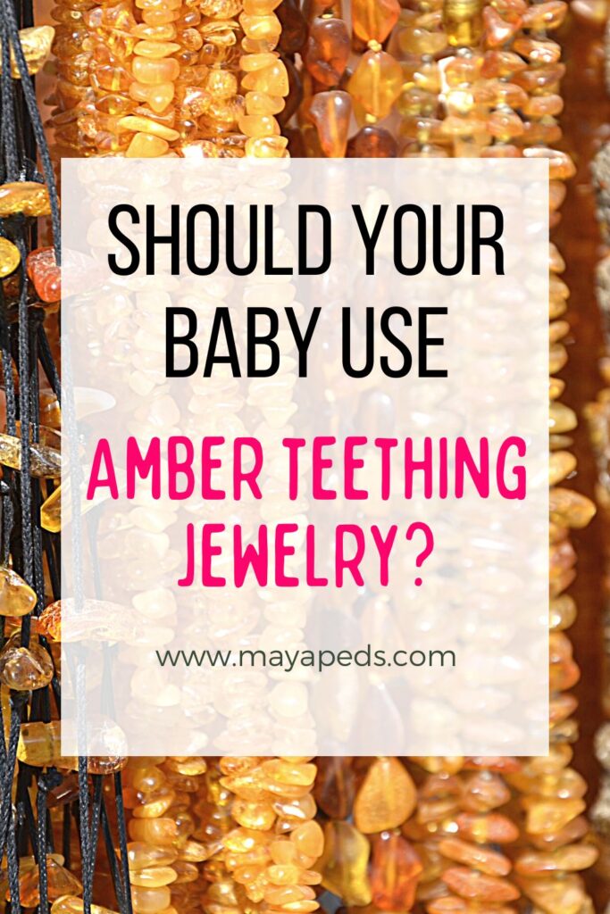 image of amber beads strung on several strings. text overlay reads "should your baby use amber teething jewelry? www.mayapeds.com"