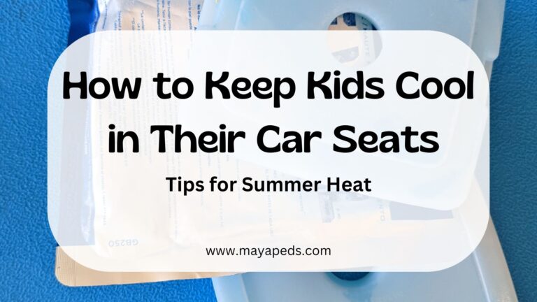 text: How to keep kids cool in their car seats. tips for summer heat. www.mayapeds.com over image of ice packs and cooling packs against blue background