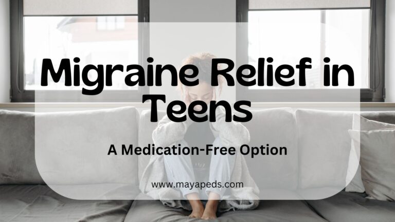 text: Migraine Relief in Teens A medication-Free Option www.mayapeds.com overlying an image of a young person sitting on a couch and holding their head, as if in pain
