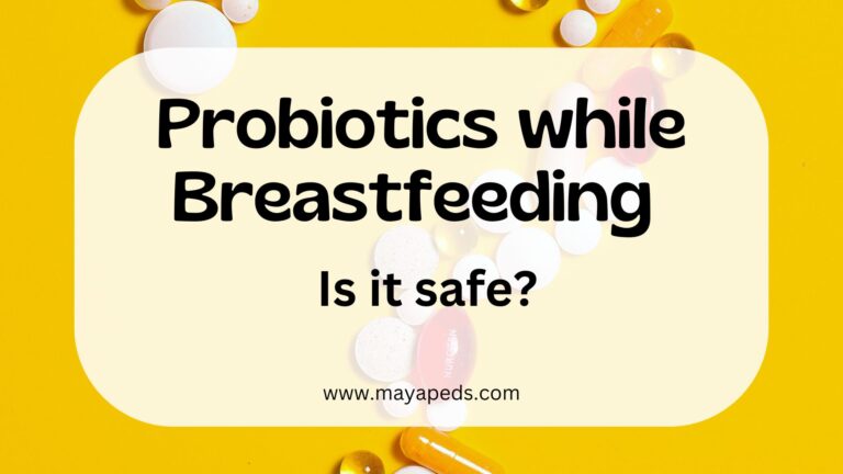 text "probiotics while breastfeeding: is it safe" over an image of pills and capsules in the shape of a question mark over a yellow background