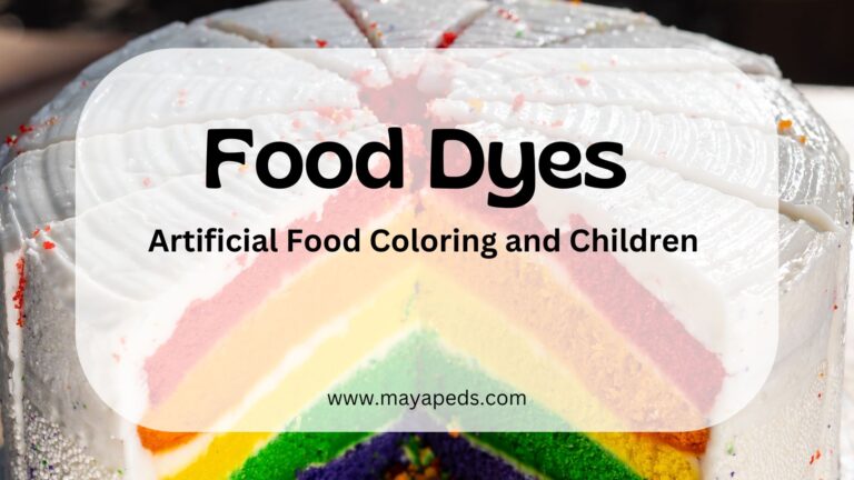 text: food dyes: artificial food coloring and children www.mayapeds.com over an image of multicolored round cake cut into slices