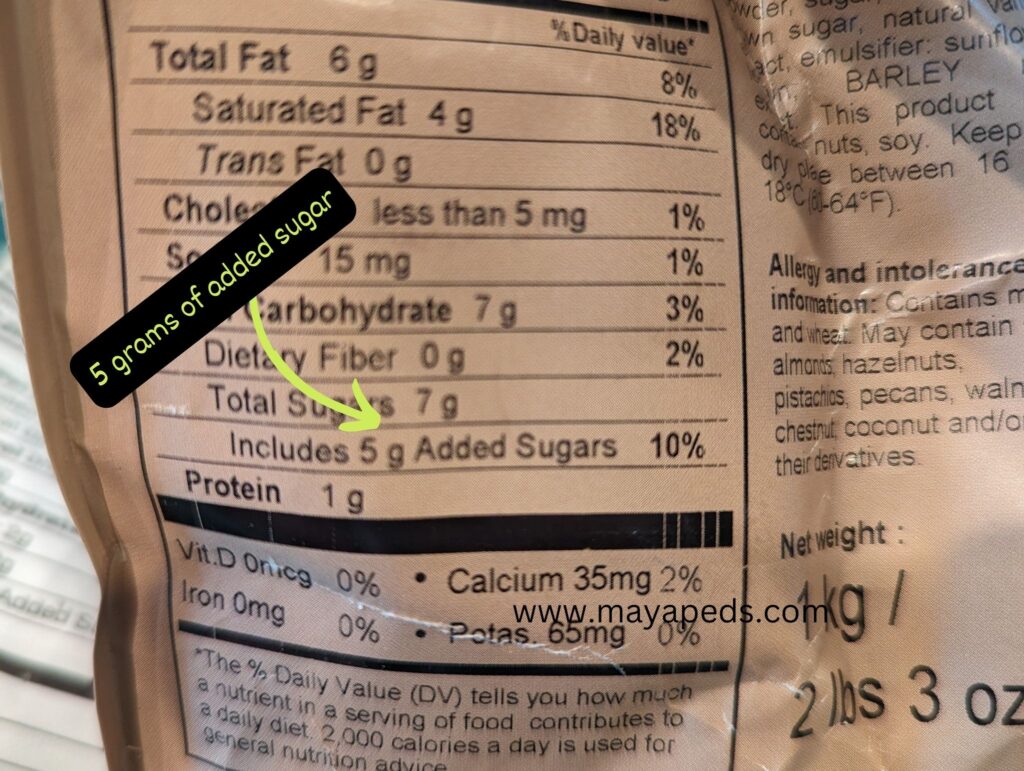 photo of a nutrition facts label including the words "includes 5 g Added Sugars" there is a graphic with the words "5 grams of added sugar" and an arrow pointing to this part of the food label. www.mayapeds.com