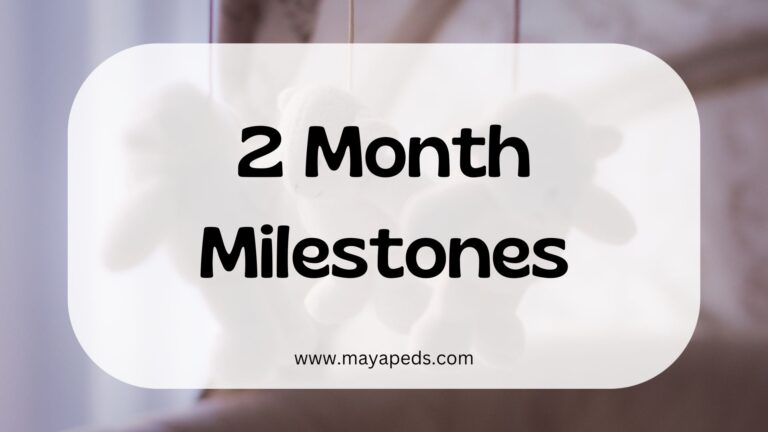 text: 2 month milestones www.mayapeds.com over image of a baby crib mobile